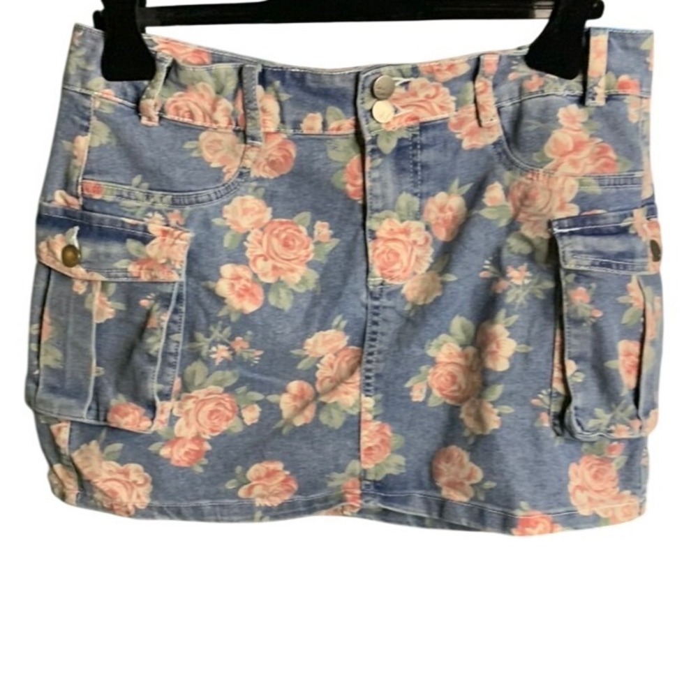 Elleven Floral Denim Cargo Mini Skirt XL Pink Rose Blue E103 Y2K Style